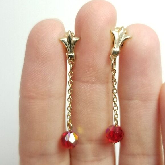 Vintage Red Bead Dangle Stud Earrings, Gold Tone Setting, AB Iridescent, Estate - Picture 2 of 6